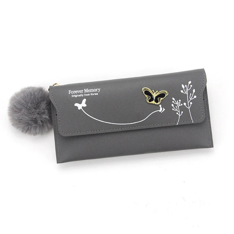 Ladies PU leather long hair ball bow purse with magnetic buckle in various colours