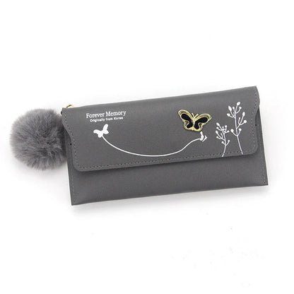 Ladies PU leather long hair ball bow purse with magnetic buckle in various colours