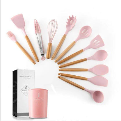 Silicone kitchenware set with wooden handle, heat resistant up to 230°C