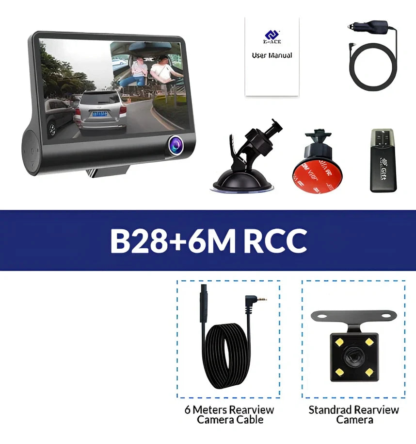 1080P dash cam with 170° front lens, 6-glass construction, and rear cable for dual recording