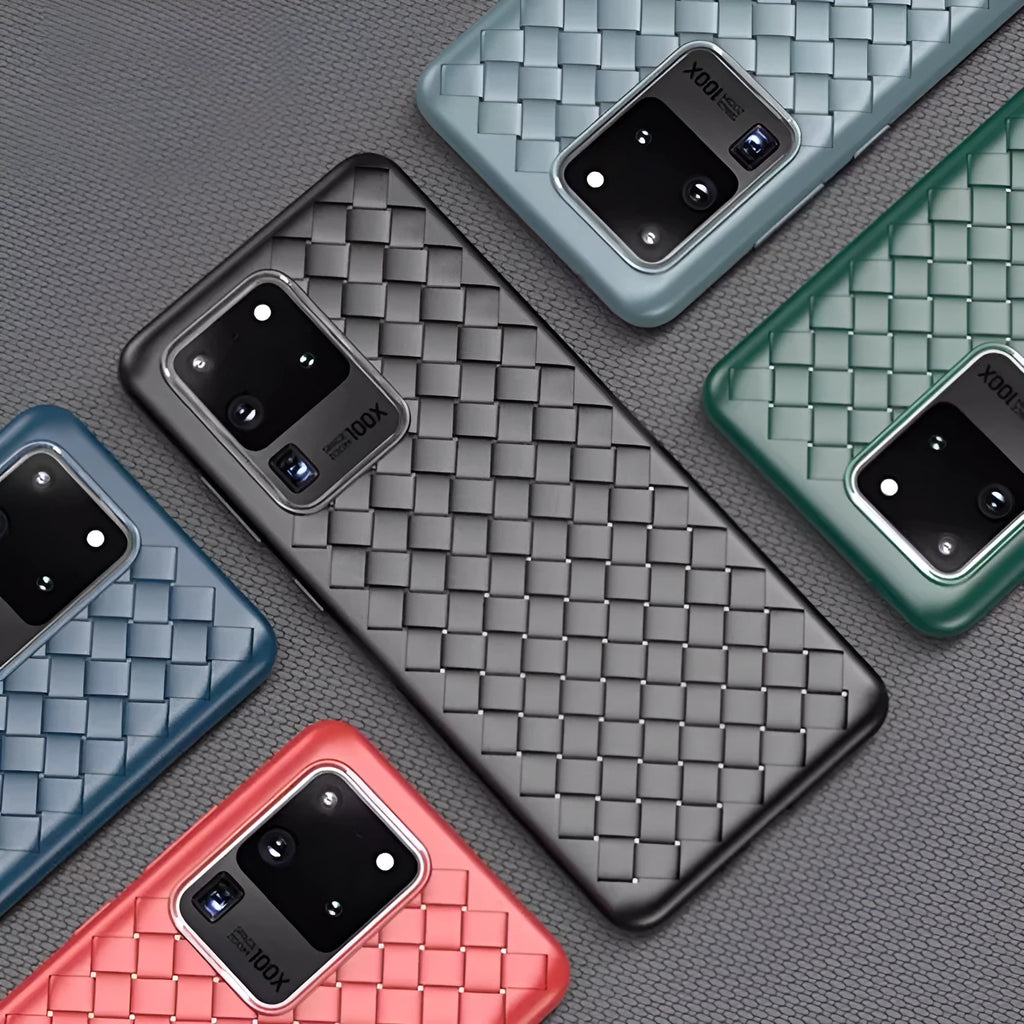 Samsung Galaxy S20 and Note 10 TPU phone case in solid colours showing front and back views