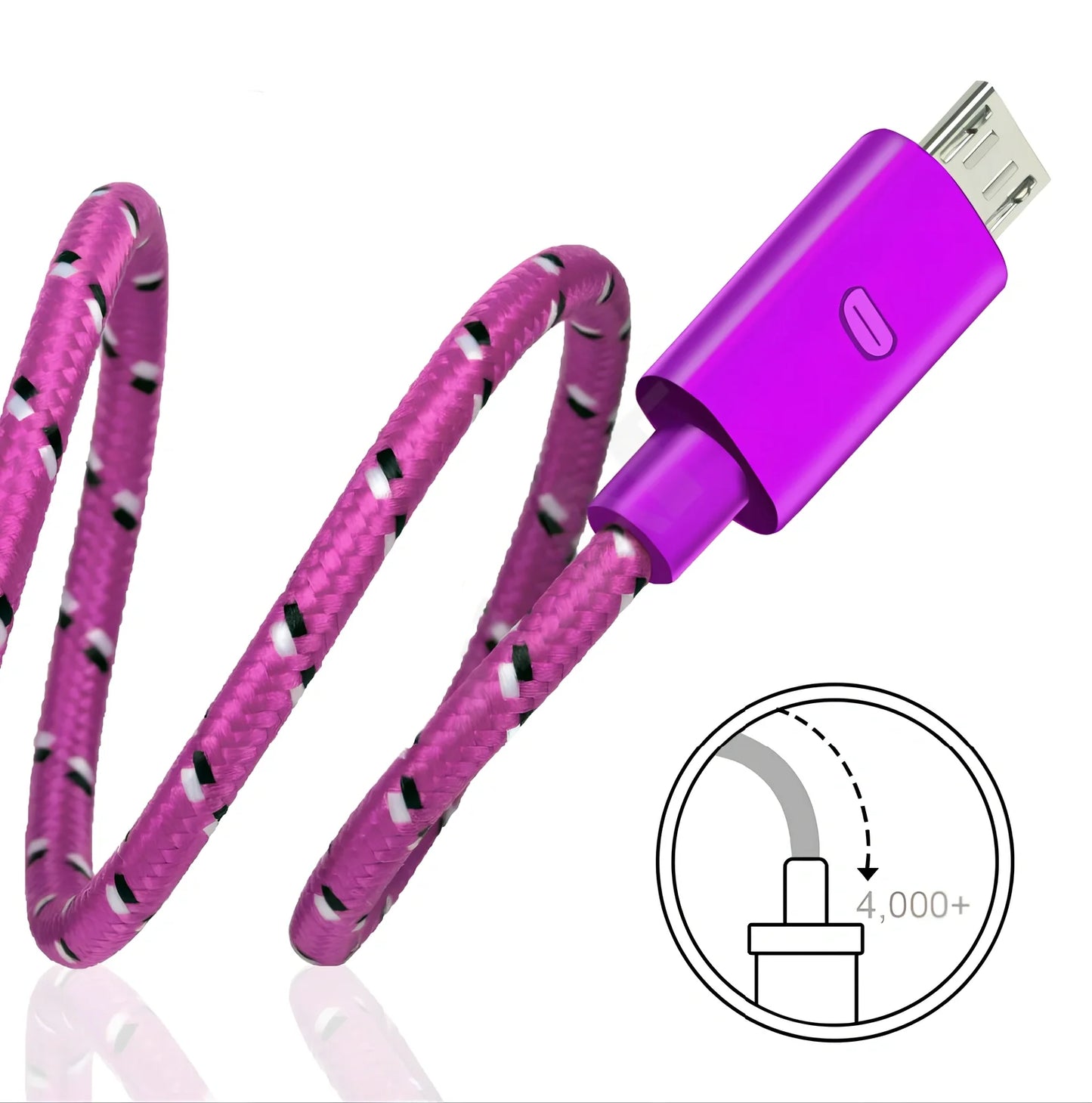 Woven nylon cloth data cable in multiple colours showing Android micro and USB-C connector options