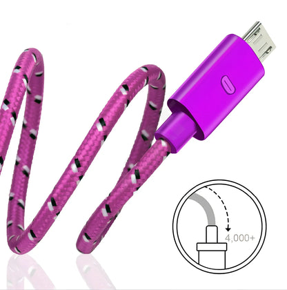 Woven nylon cloth data cable in multiple colours showing Android micro and USB-C connector options