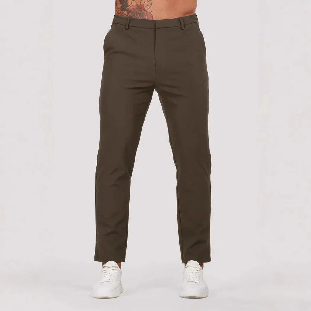 Men's solid colour casual suit trousers in grey, mid waist straight leg with button fly