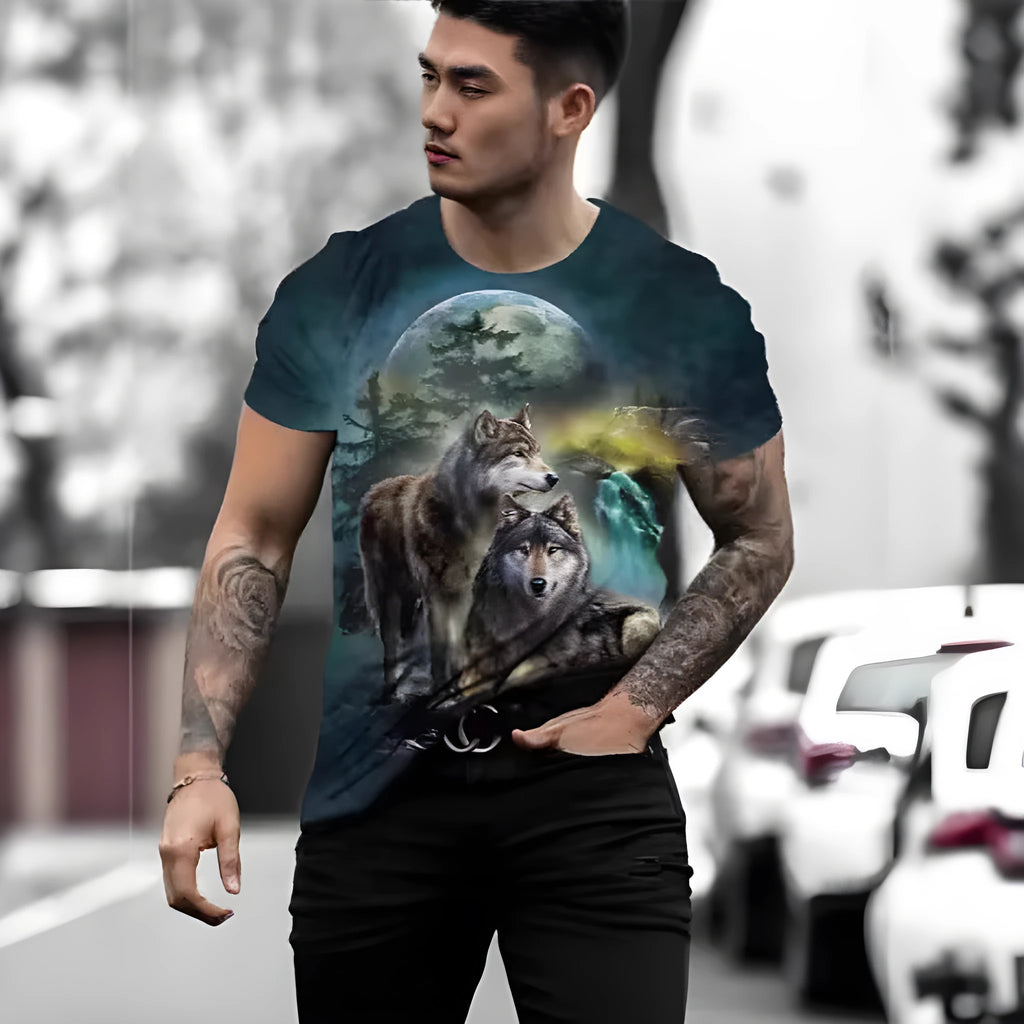 Men's grey short-sleeved T-shirt with a retro-style 3D tiger print on the front.