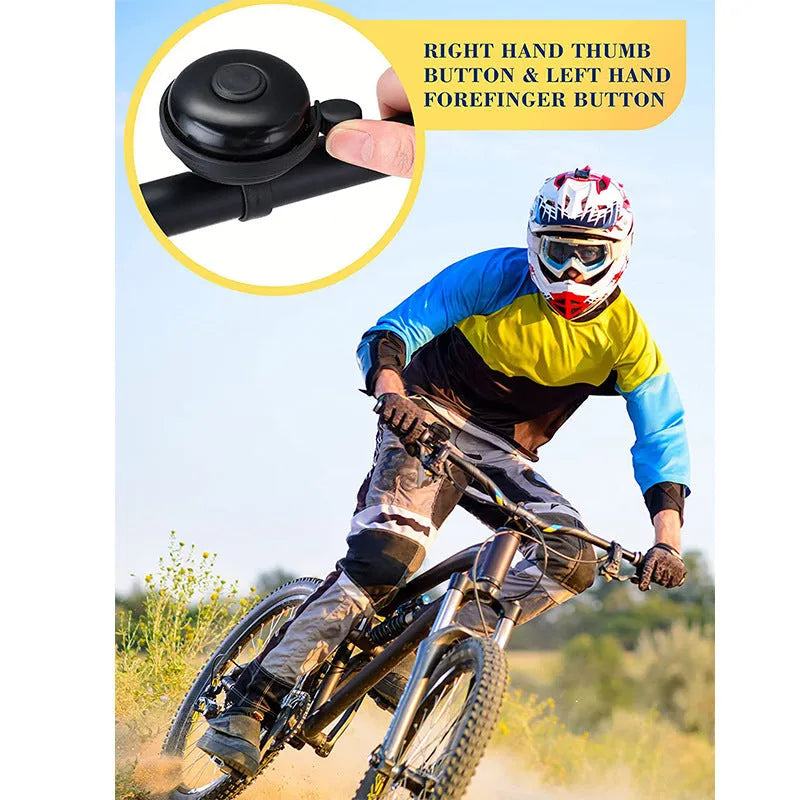 Black ABS plastic bicycle bell with external mounting bracket for 22mm handlebars