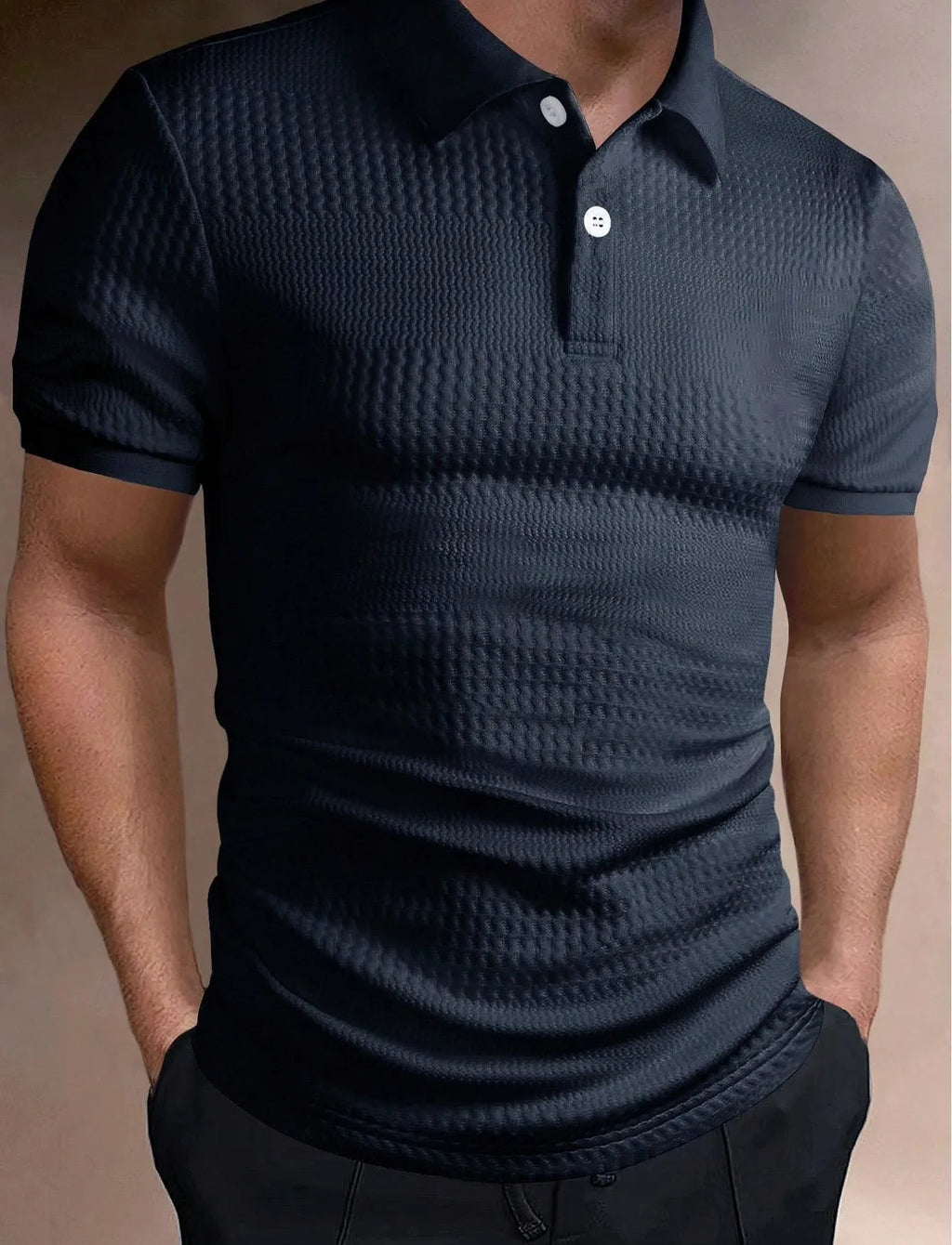 Men's loose striped polo shirt in black with asymmetric pattern and short sleeves