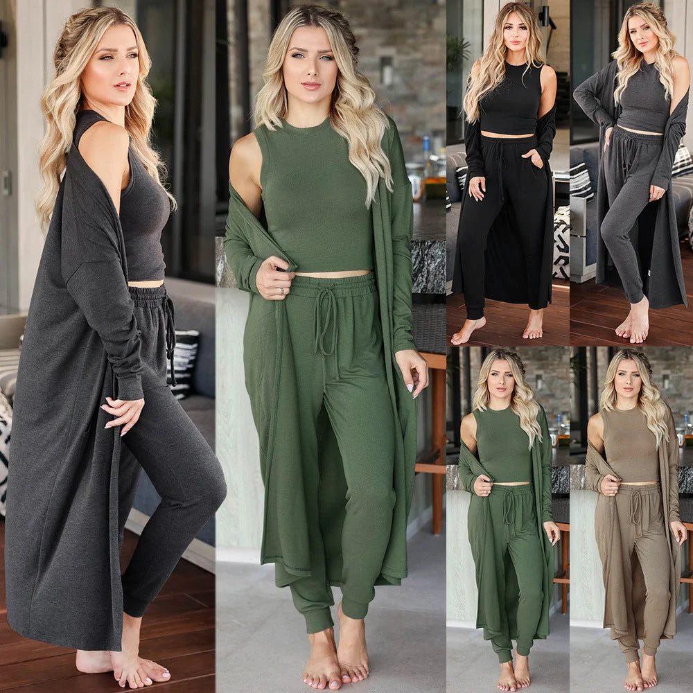 Women's slim-fit knitted vest and trousers sports suit in black, grey, green, and khaki