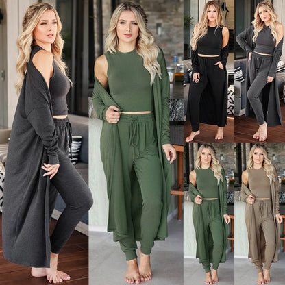 Women's slim-fit knitted vest and trousers sports suit in black, grey, green, and khaki