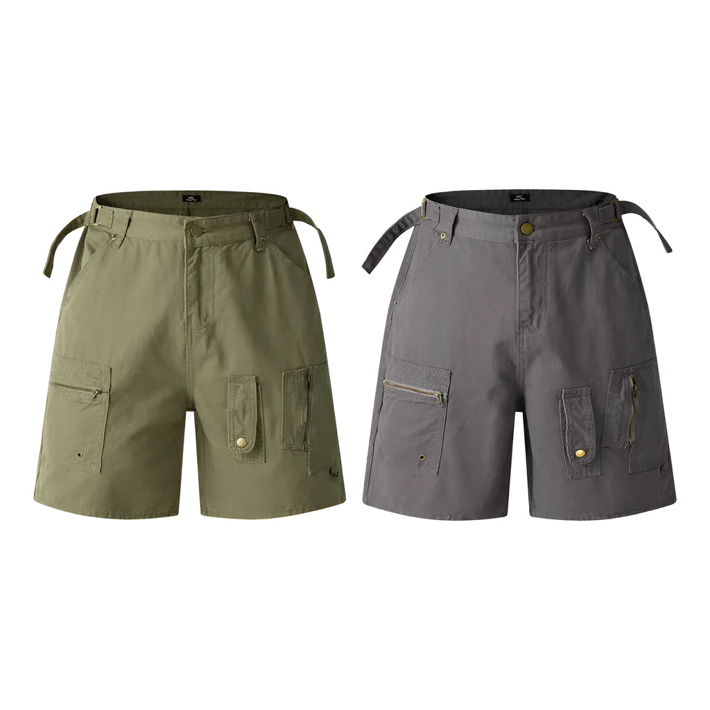 Retro workwear shorts with front zipper in washed cotton cloth, loose fit design