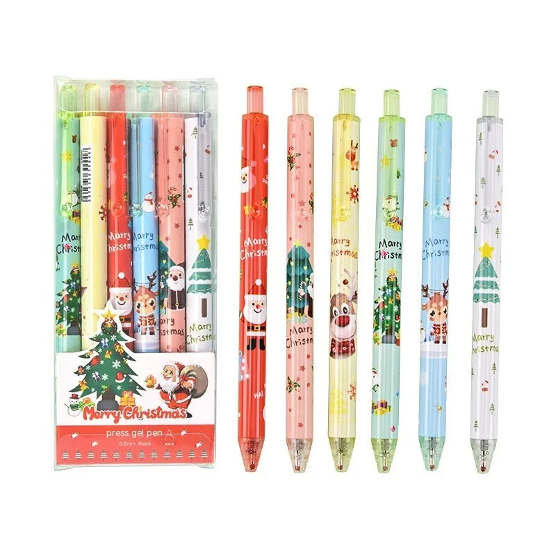 Set of six black ink cartoon design pens packaged as a Christmas reward gift.