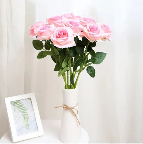 Artificial red rose bouquet 48cm long with silk cloth flower heads about 7cm diameter