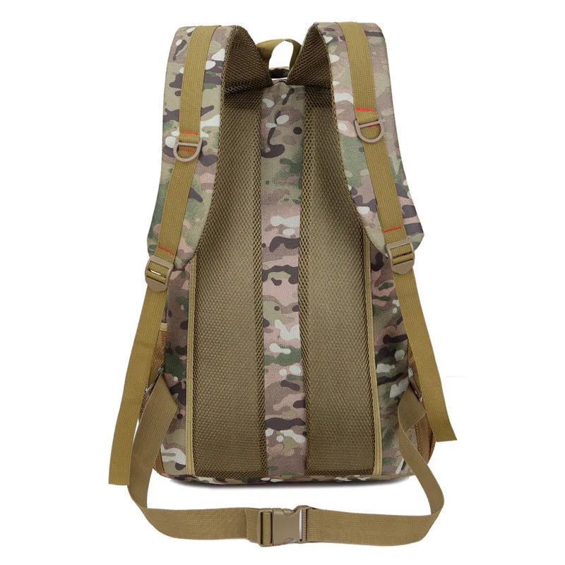 50L camouflage outdoor mountaineering backpack with Oxford cloth construction on rocky terrain