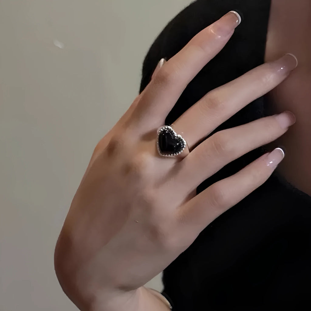S925 sterling silver open mouth ring with black heart agate stone and adjustable design