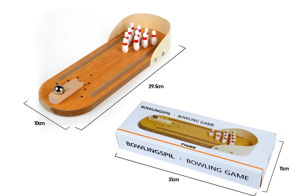 Children's educational wooden mini bowling set with pins and ball on a tabletop for interactive play