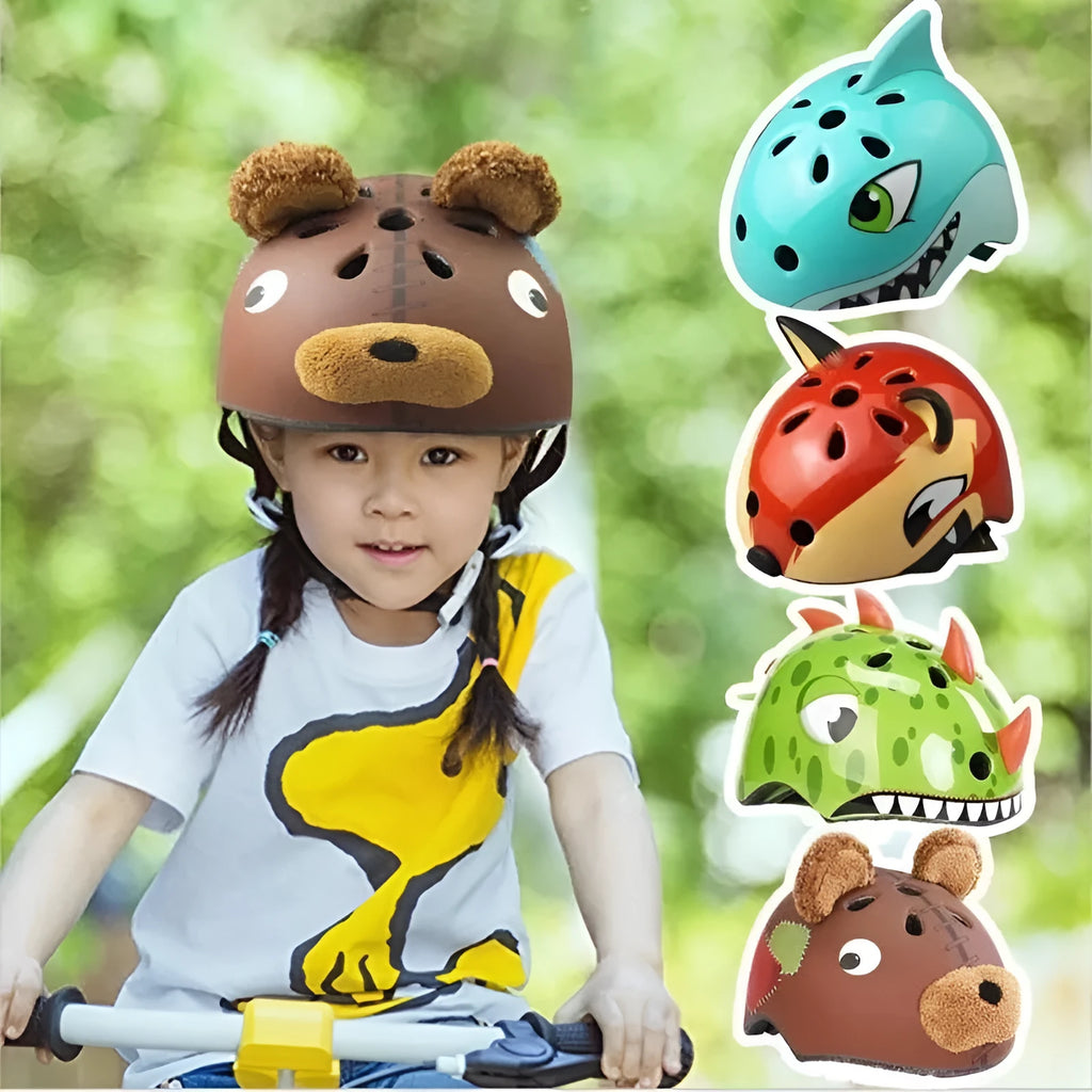 Children's roller skating helmet with cartoon shark design, green PC shell, and EPS foam protection in size S