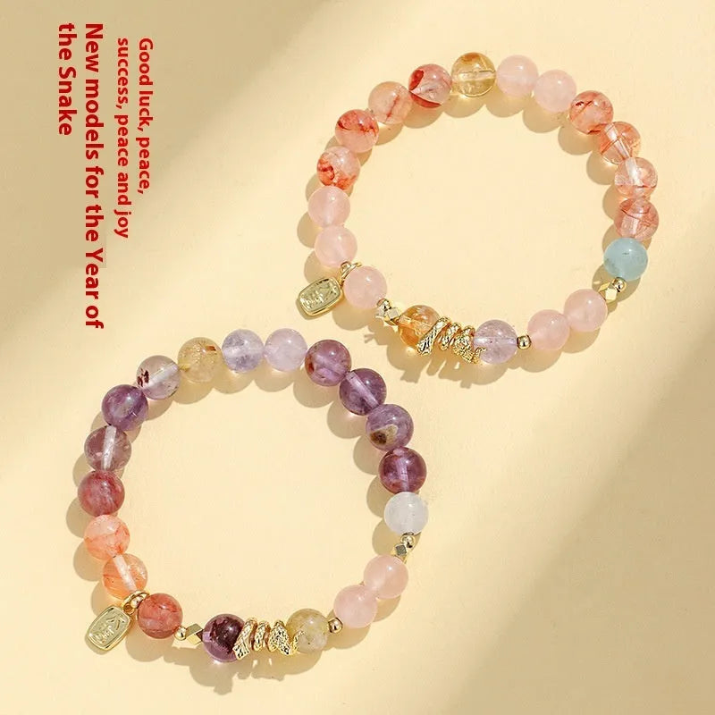 Women's Fu snake lucky crystal bracelet with amethyst beads and red plastic flowers