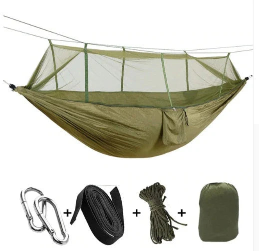 Parachute hammock with mosquito net in various colors and sizes, ideal for outdoor adventures and relaxation