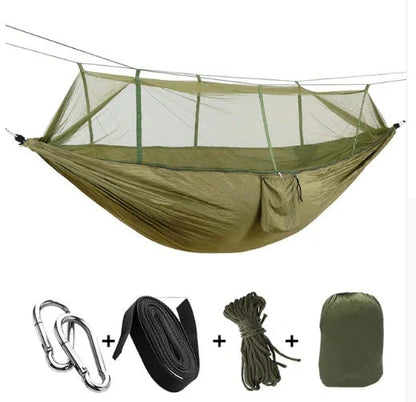 Parachute hammock with mosquito net in various colors and sizes, ideal for outdoor adventures and relaxation