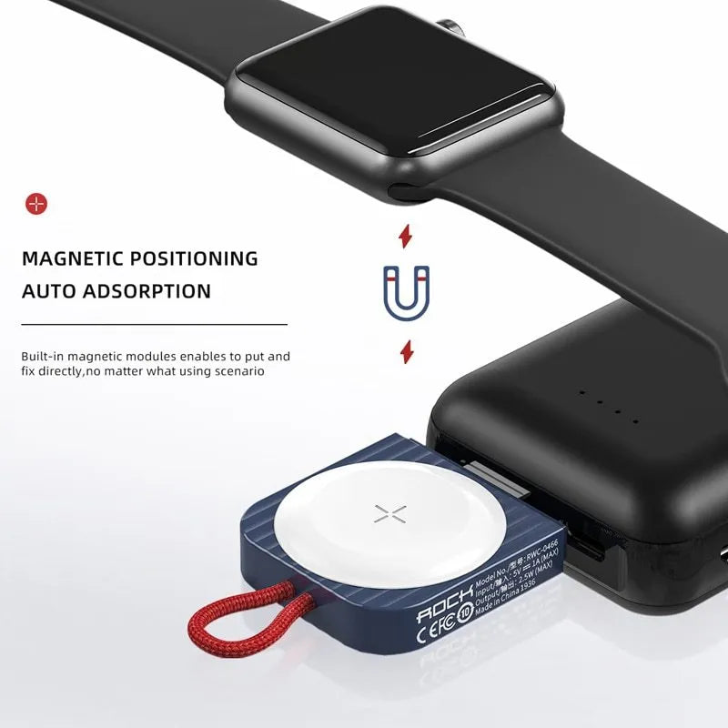 White magnetic wireless charger for Apple Watch with Type-C and USB-A interfaces on a desk