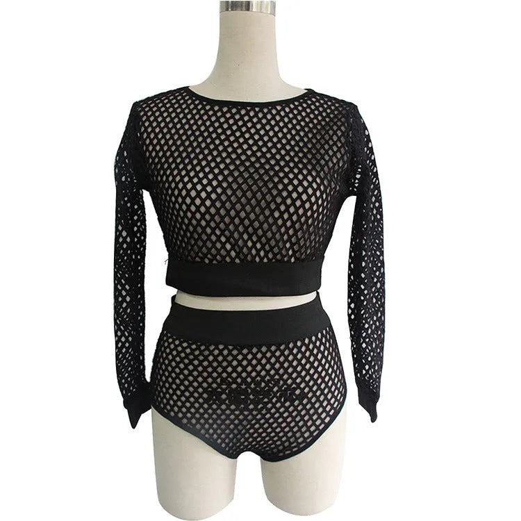 Black hollow-out bikini set for women, two piece cotton spandex swimsuit, front view on model