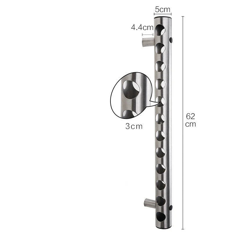 Stainless steel wall-mounted wine rack with 8 or 12 hole options for elegant wine storage