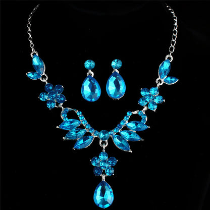 Blue and purple alloy diamond necklace earrings set, 3cm pendant, 4cm drops, wedding jewellery with rhodium plating