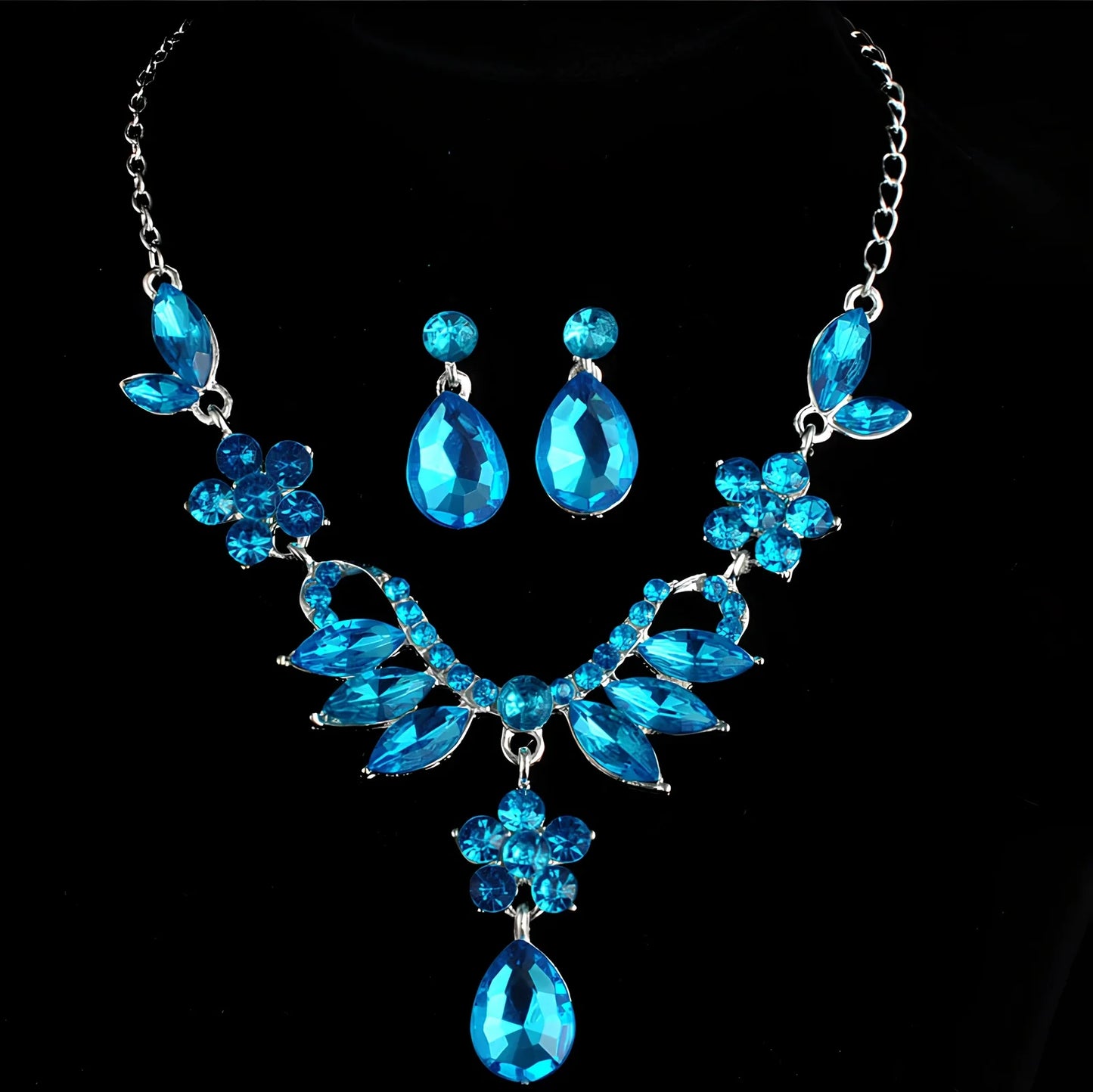 Blue and purple alloy diamond necklace earrings set, 3cm pendant, 4cm drops, wedding jewellery with rhodium plating