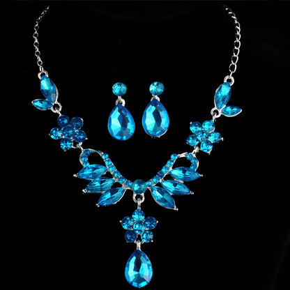 Blue and purple alloy diamond necklace earrings set, 3cm pendant, 4cm drops, wedding jewellery with rhodium plating