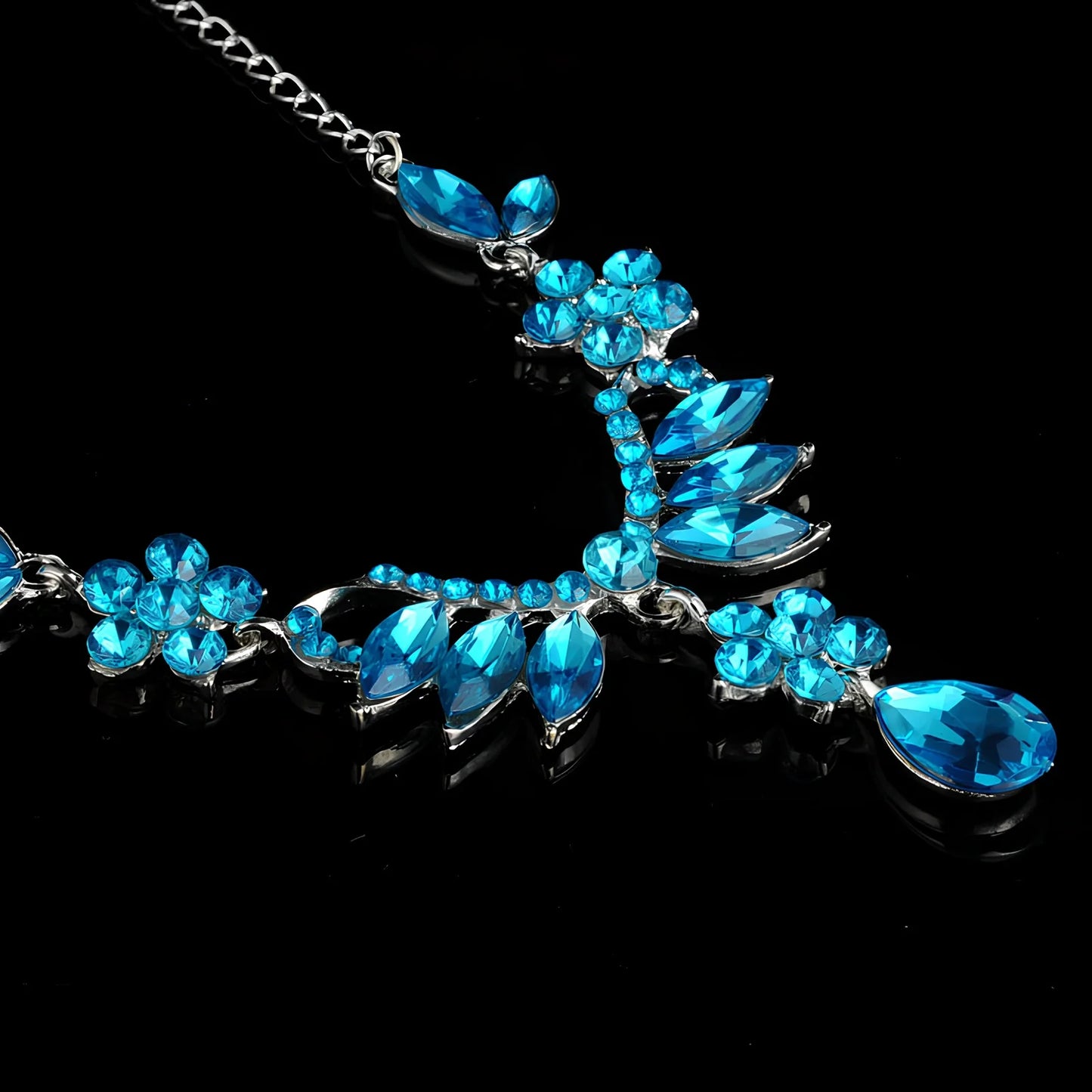 Blue and purple alloy diamond necklace earrings set, 3cm pendant, 4cm drops, wedding jewellery with rhodium plating