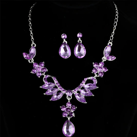Blue and purple alloy diamond necklace earrings set, 3cm pendant, 4cm drops, wedding jewellery with rhodium plating