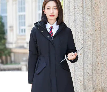 Men's and women's black thickened cotton-padded parka with cinched style and pockets, polyester fibre fabric
