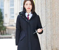 Men's and women's black thickened cotton-padded parka with cinched style and pockets, polyester fibre fabric