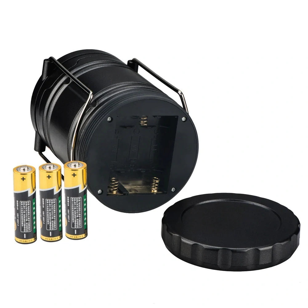 Gold blue black telescopic camping lamp with solar panel and foldable handle extended to 19.5cm height