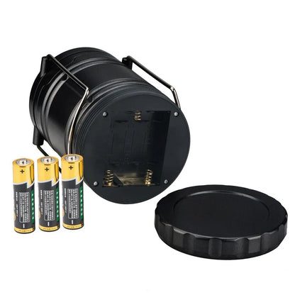 Gold blue black telescopic camping lamp with solar panel and foldable handle extended to 19.5cm height