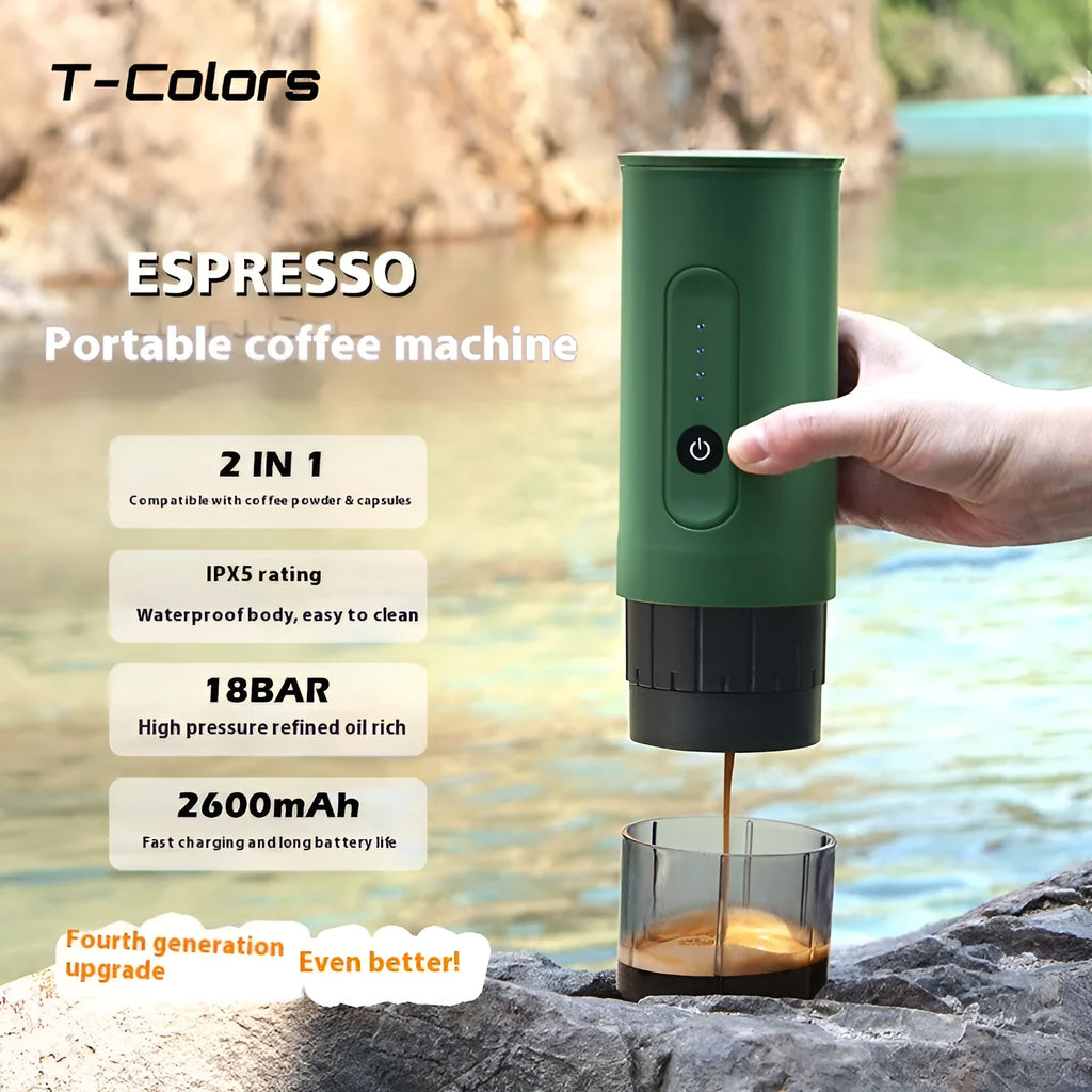 Portable stainless steel coffee machine with car charger, clear spoon, and storage bag in Jungle Green colour.