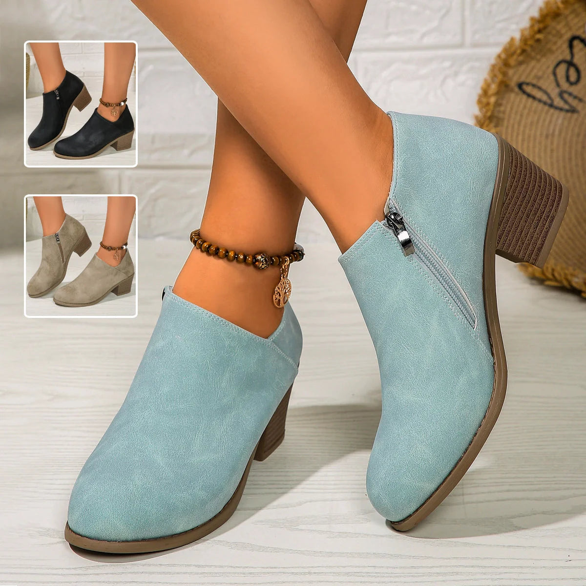 Women's chunky heel ankle boots with side zipper in blue, black, and khaki