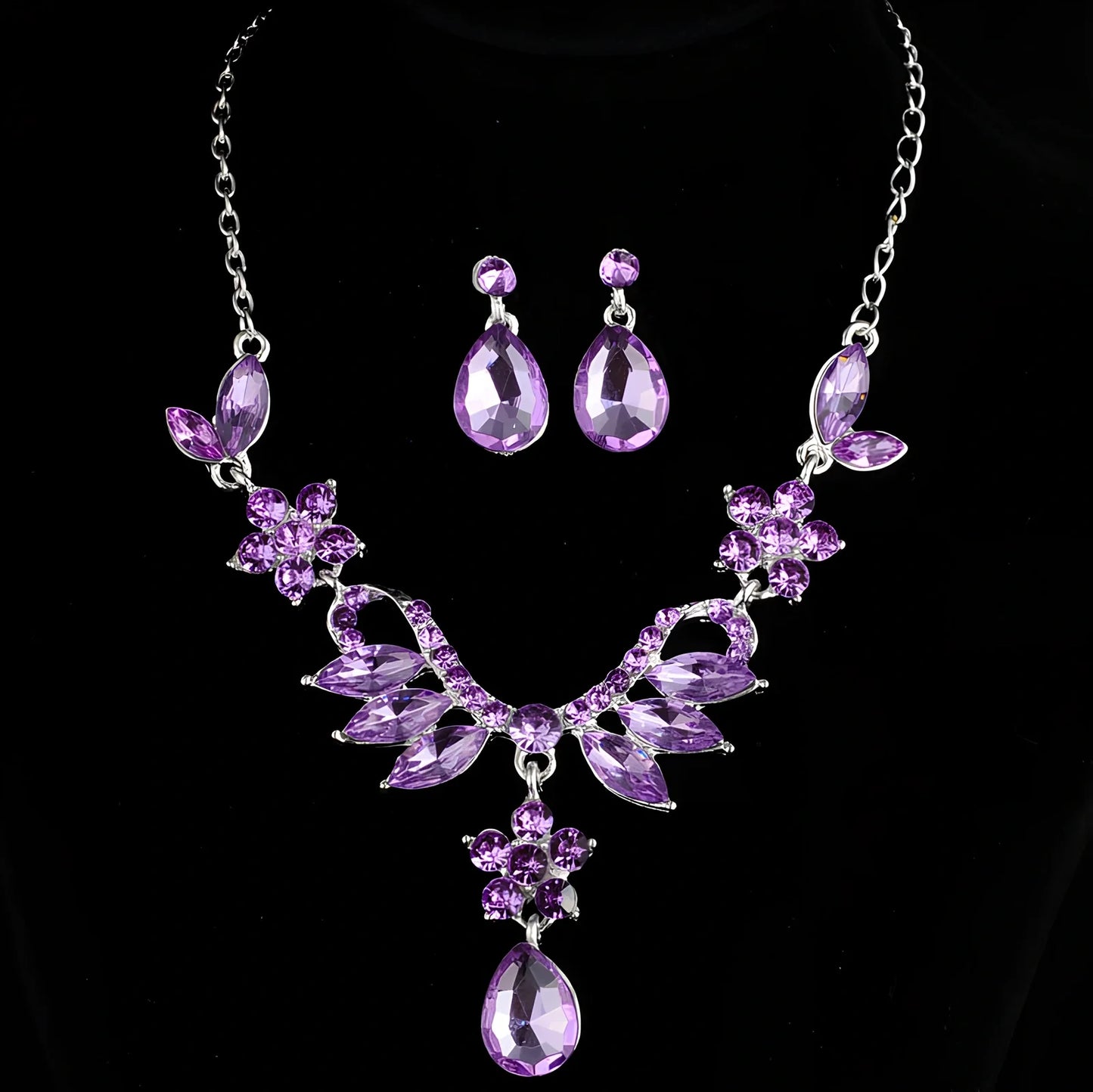 Blue and purple alloy diamond necklace earrings set, 3cm pendant, 4cm drops, wedding jewellery with rhodium plating