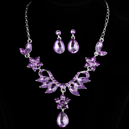 Blue and purple alloy diamond necklace earrings set, 3cm pendant, 4cm drops, wedding jewellery with rhodium plating