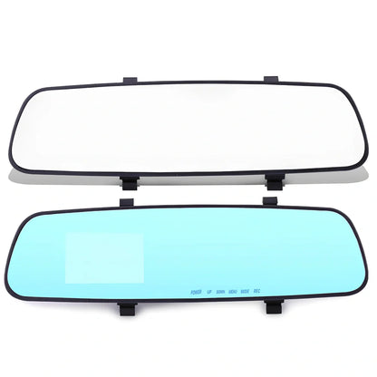 1080P HD rearview mirror driving recorder with 30cm x 8cm size, dual lenses, and motion detection display