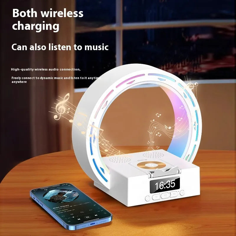 White multifunction bedside unit with wireless charging pad, Bluetooth speaker, digital clock display, and adjustable lighting