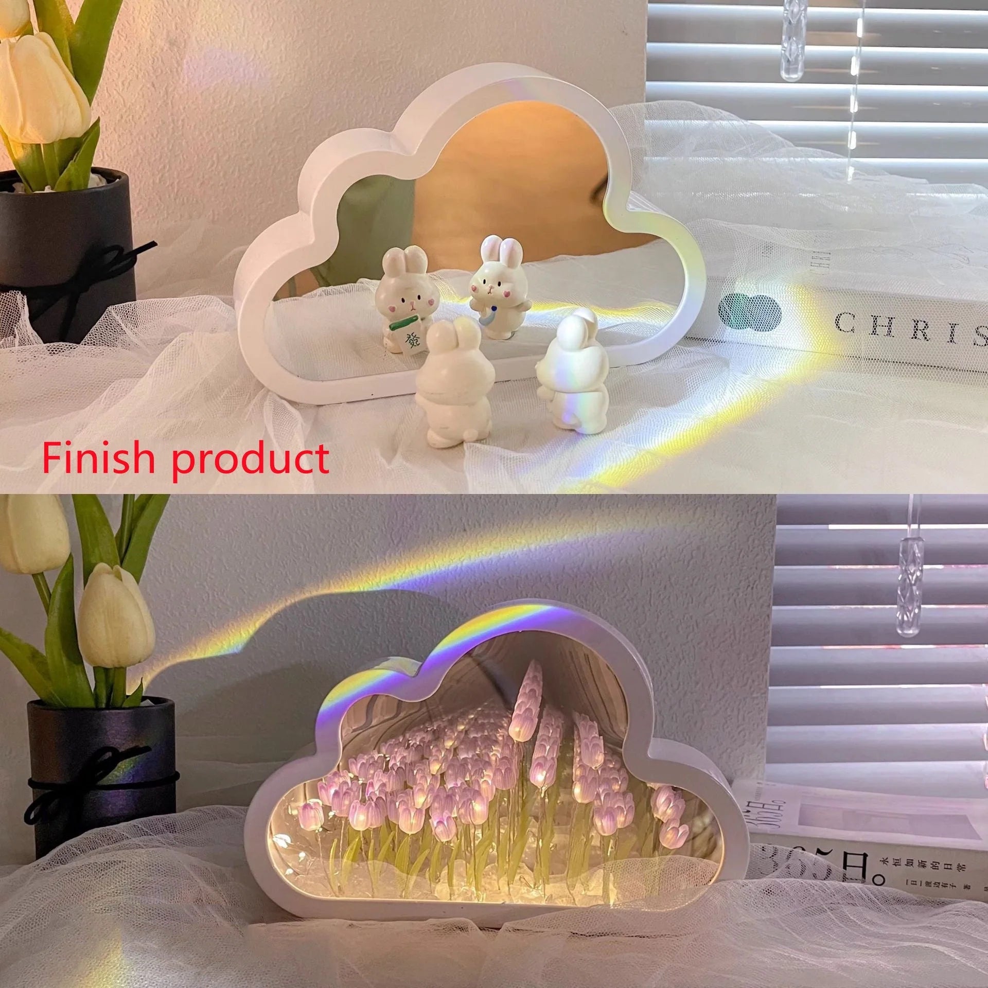 DIY Tulip Night Lamp with LED light and decorative mirror in pink, purple, or blue