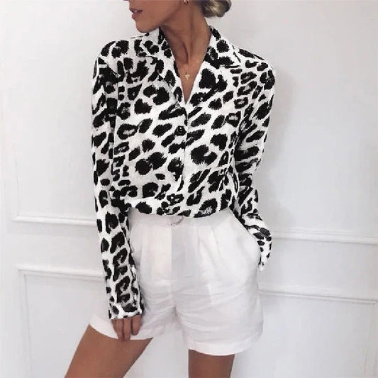 Vintage Leopard Print Blouse with turn-down collar, available in white, grey, pink, and brown.