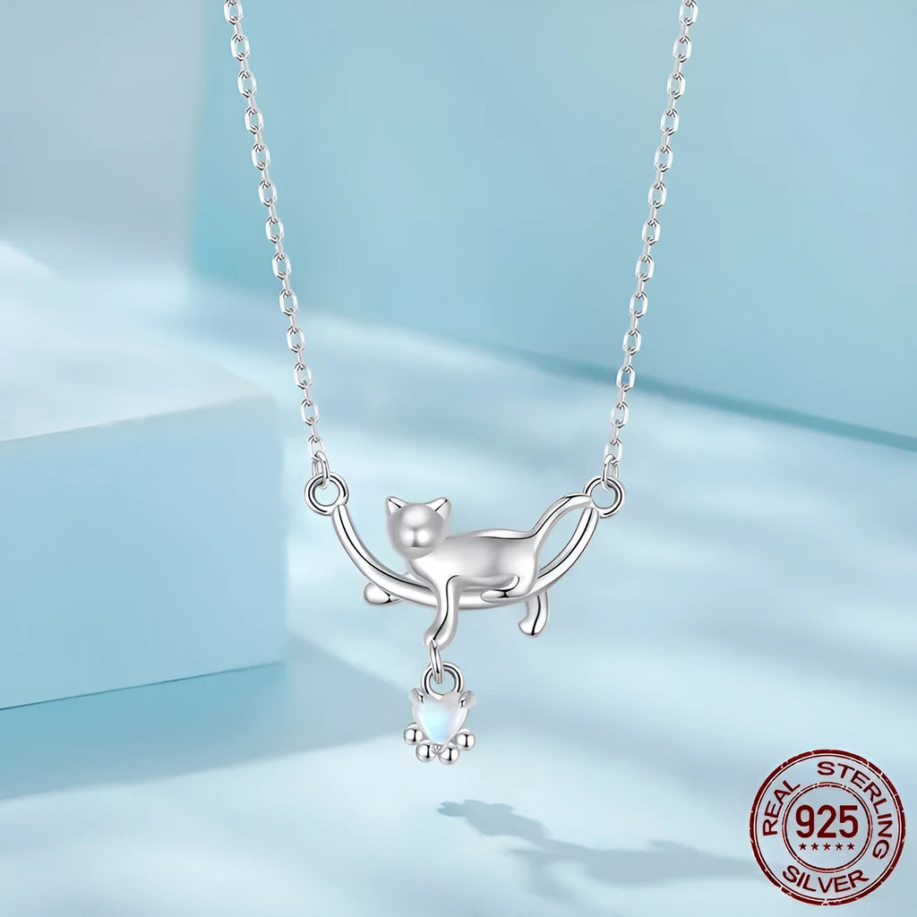925 sterling silver white gold plated cat pendant necklace on O-shaped chain, adjustable 41-50cm, women's fashion OL style