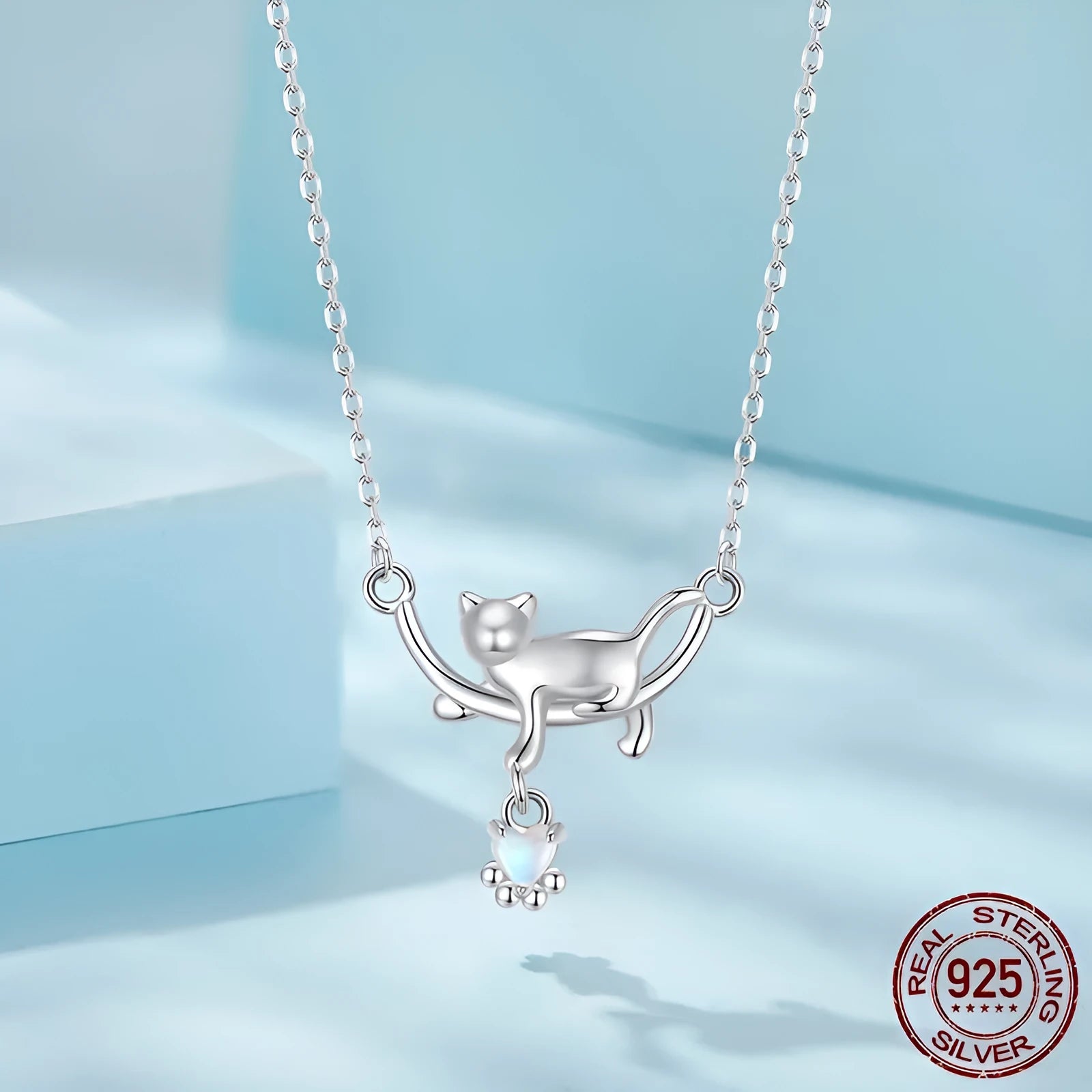 925 sterling silver white gold plated cat pendant necklace on O-shaped chain, adjustable 41-50cm, women's fashion OL style