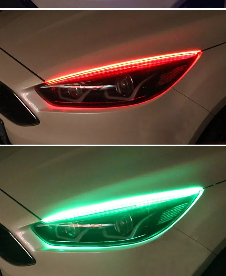 RGB colour LED car daytime running light strip with remote control on a white background.