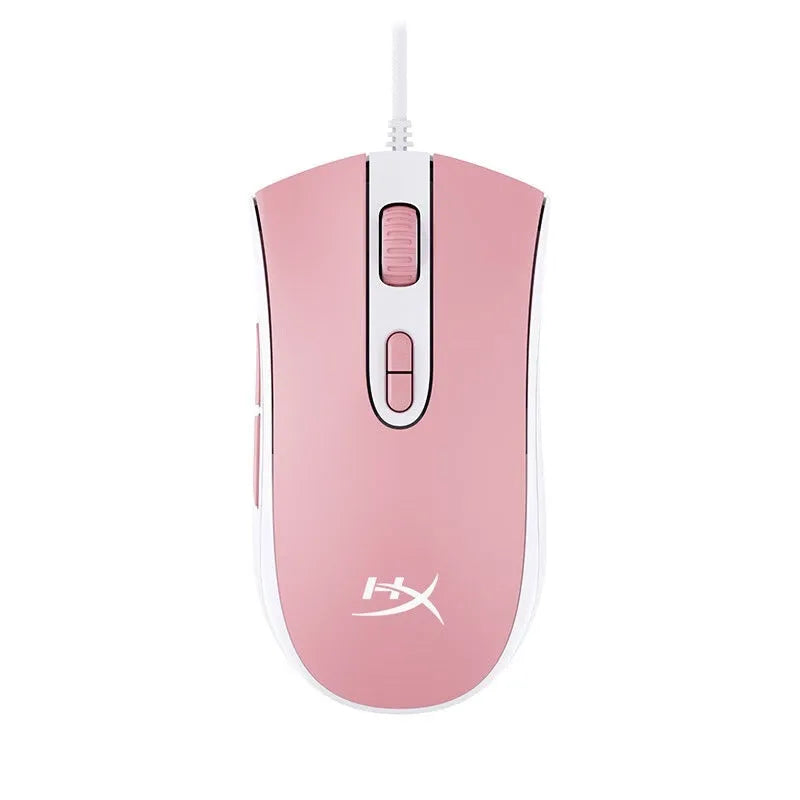HyperX Pulsefire Core wired RGB gaming mouse in black and pink colour options on a desk.