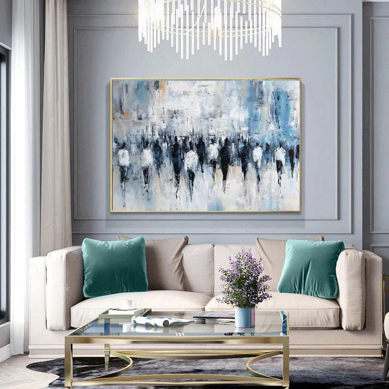Hand-painted abstract street people oil painting on canvas, horizontal modern design, rolled frameless, multiple sizes available