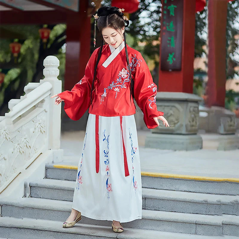 Traditional Hanfu Costume Set in Black Red and Water Blue, sizes XS to XL