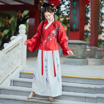 Traditional Hanfu Costume Set in Black Red and Water Blue, sizes XS to XL